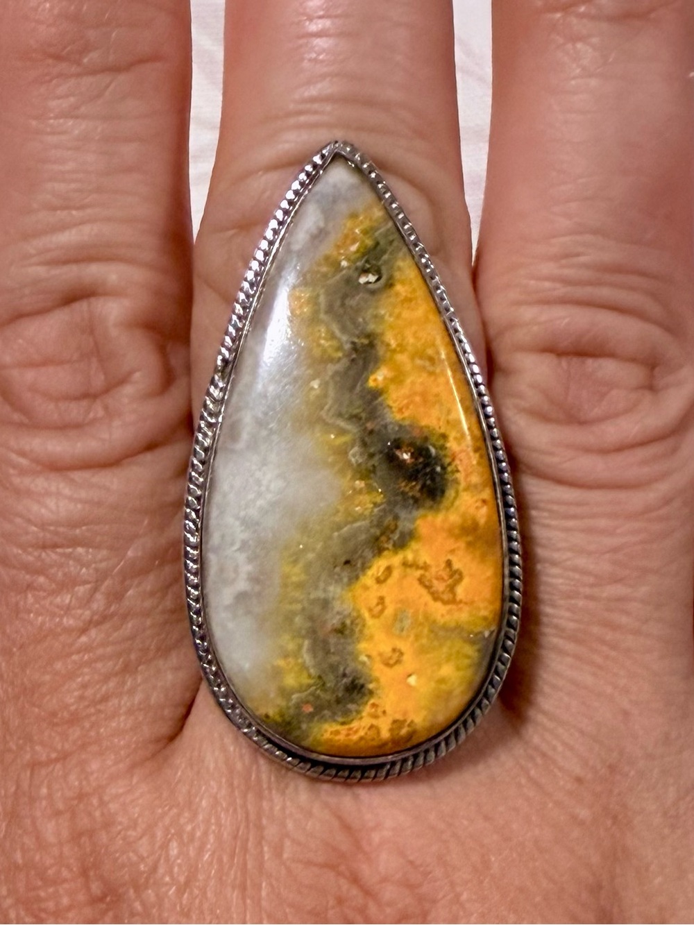 Handcrafted Teardrop Bumblebee Jasper Sterling Silver Adjustable Ring